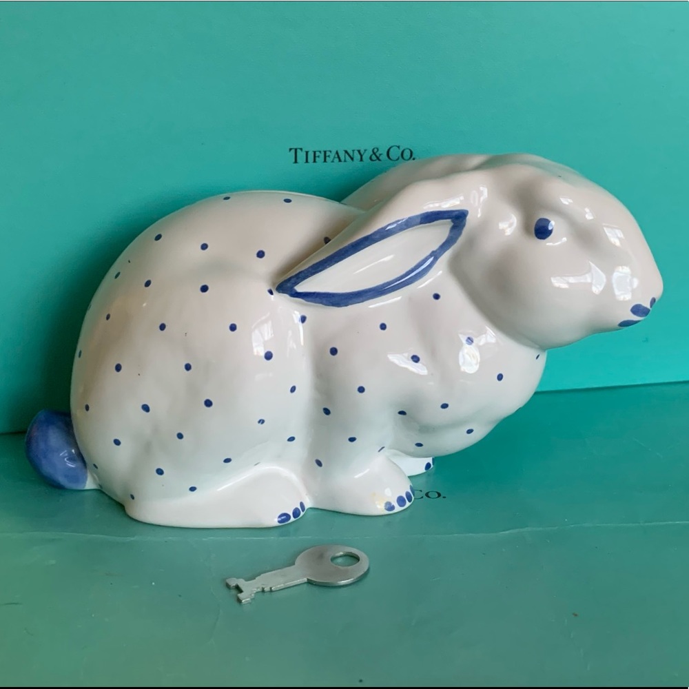 SOLD! Vintage Tiffany & Co. Bone China Blue Polka Dot Bunny Bank with Key